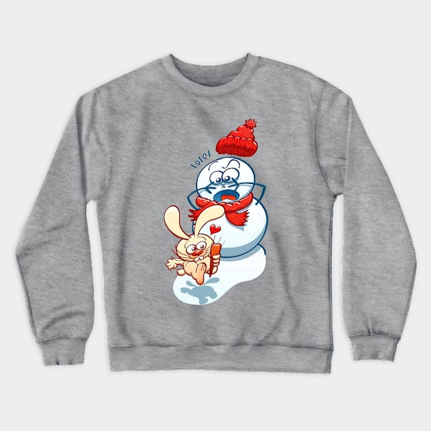 Naughty bunny stealing the carrot nose of a Christmas snowman Crewneck Sweatshirt by zooco